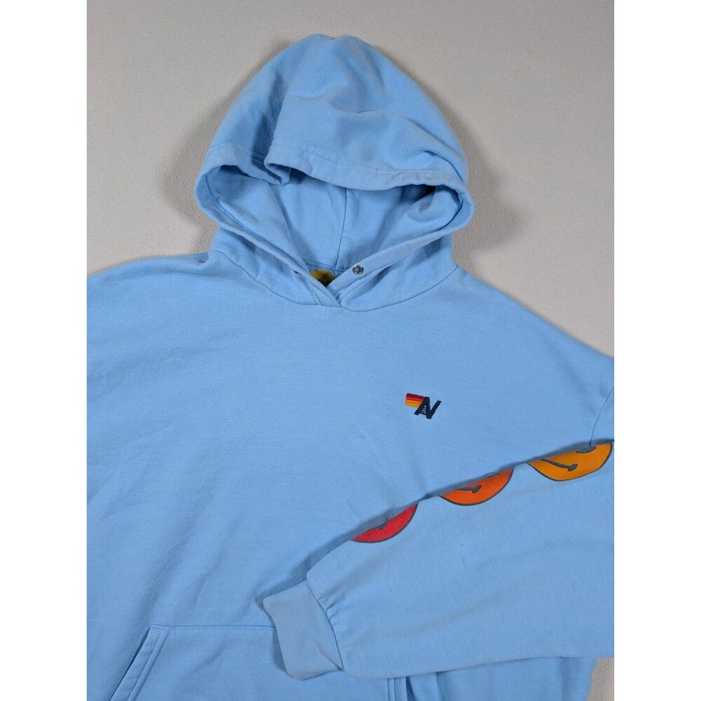 Aviator Nation Sunset Smiley Light Blue Pullover Hoodie Large Unisex Sleeve Hit